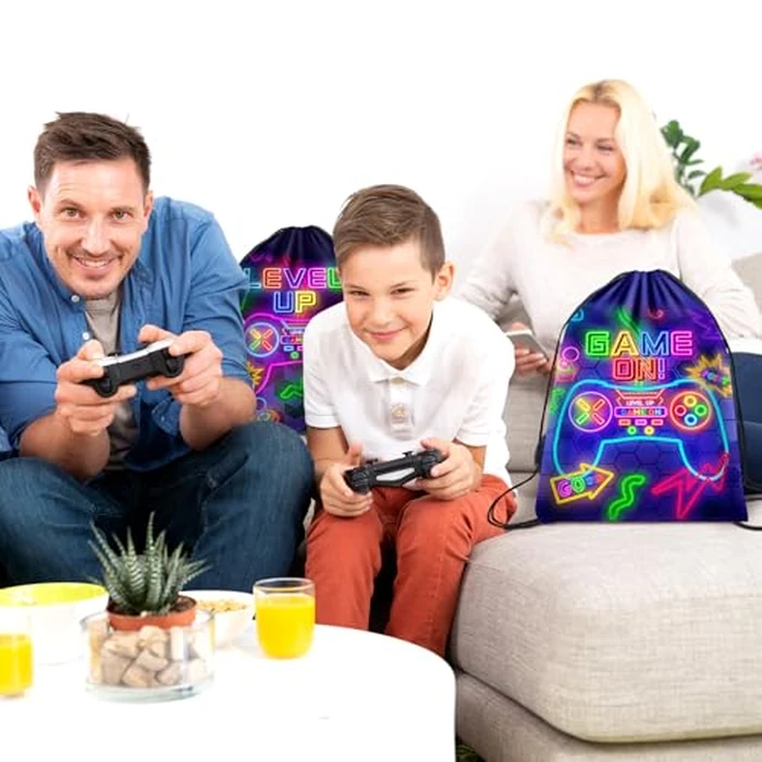 Eccliy 20 Pcs Video Game Party Favor Bags Gamer Birthday Party Drawstring Bags for Kids Boys Girls 12 x 10 Inch Gaming Goodie Treat for Game on Theme Decorations Supplies(Neon,Classic Style) by Eccliy - Image 6