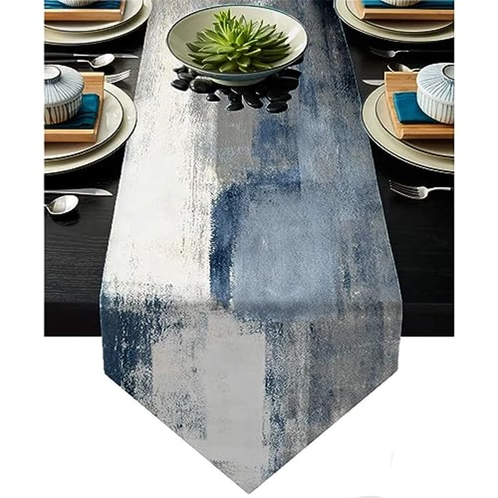 Blue and Grey Abstract Modern Art Table Runner 13x72 Inch, Farmhouse Style Linen for Home Kitchen Dining Holiday Wedding Party Decoration by RNFENQS - Used - Very Good condition - CA$13.20