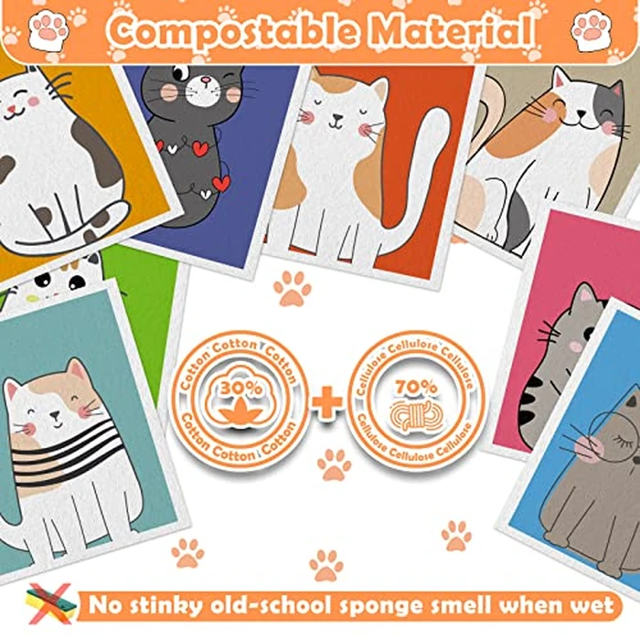 Lucomb Swedish Dish Cloths for Kitchen, 8 Pack Reusable Cleaning Cloth Absorbent Kitchen Towels No Odor Fast Drying for Home Wipes Dish Washing (Cute Cat) by Lucomb - Image 2