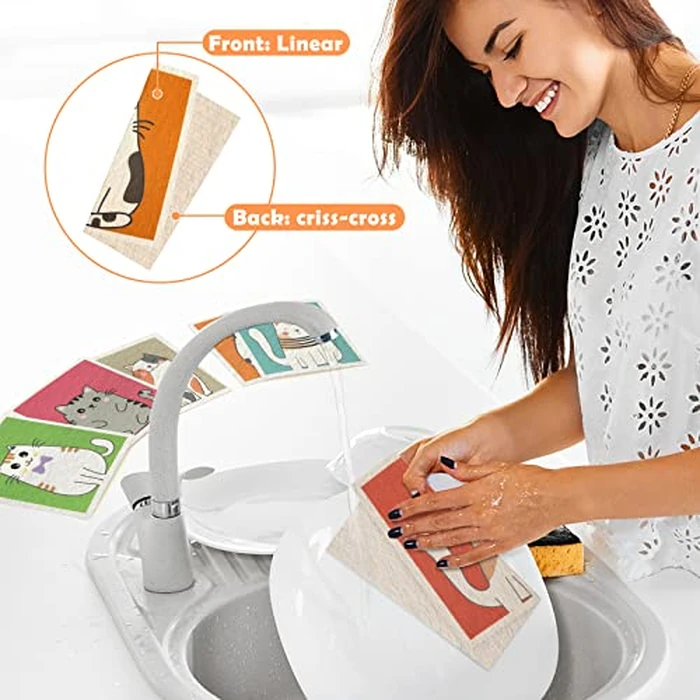 Lucomb Swedish Dish Cloths for Kitchen, 8 Pack Reusable Cleaning Cloth Absorbent Kitchen Towels No Odor Fast Drying for Home Wipes Dish Washing (Cute Cat) by Lucomb - Image 5