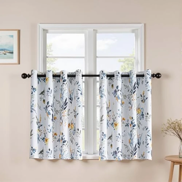 MYSKY HOME Floral Kitchen Tier Curtains 36 Inches Long Grommet Room Darkening Thermal Insulated Half Window Drapes for Small Windows Cafe Bathroom, W52, 2 Panels, Yellow and Blue by MYSKY HOME - Used - Very Good condition - US$21.44