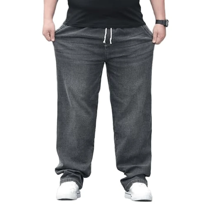 Plus Size Baggy Jeans for Men Elastic Waist Pull On Denim Pants Drawstring Straight Loose Jean Sweatpants L-5XL Wash Grey by Djeanxa - Image 1