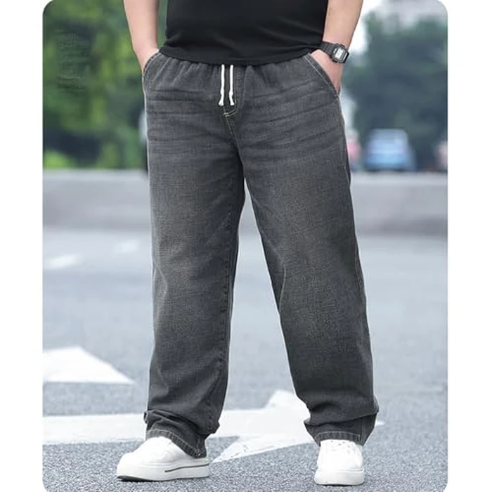 Plus Size Baggy Jeans for Men Elastic Waist Pull On Denim Pants Drawstring Straight Loose Jean Sweatpants L-5XL Wash Grey by Djeanxa - Image 2