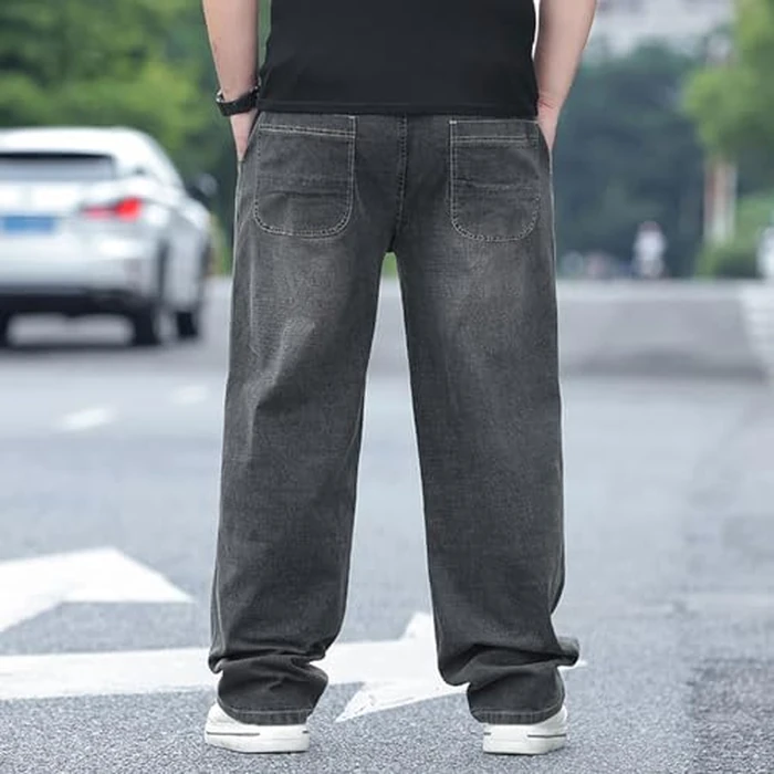 Plus Size Baggy Jeans for Men Elastic Waist Pull On Denim Pants Drawstring Straight Loose Jean Sweatpants L-5XL Wash Grey by Djeanxa - Image 5