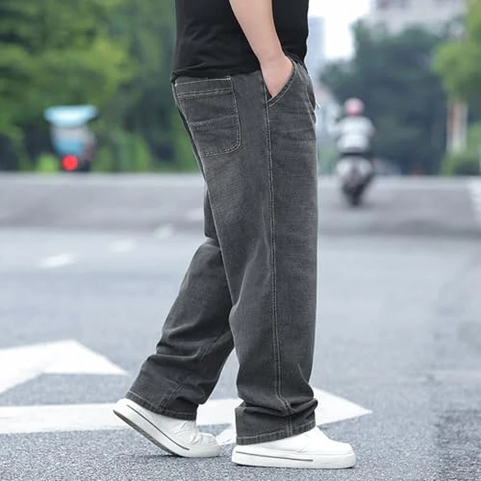 Plus Size Baggy Jeans for Men Elastic Waist Pull On Denim Pants Drawstring Straight Loose Jean Sweatpants L-5XL Wash Grey by Djeanxa - Image 6