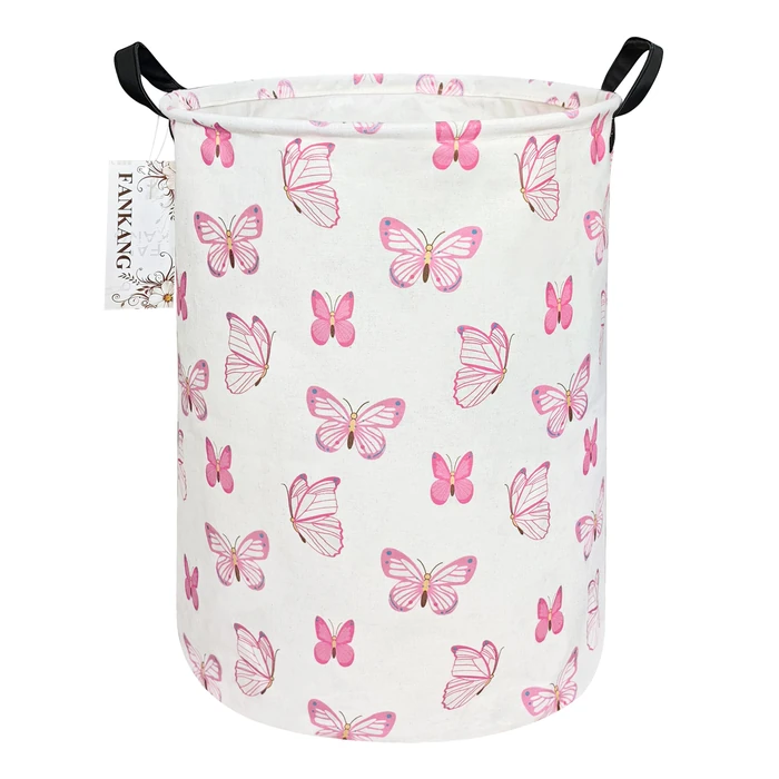 FANKANG Storage Bins, Nursery Hamper Canvas Laundry Basket Foldable with Waterproof PE Coating Large Storage Baskets for Kids Boys and Girls, Office, Bedroom, Clothes,Toys (pink butterfly) by FANKANG - Image 1