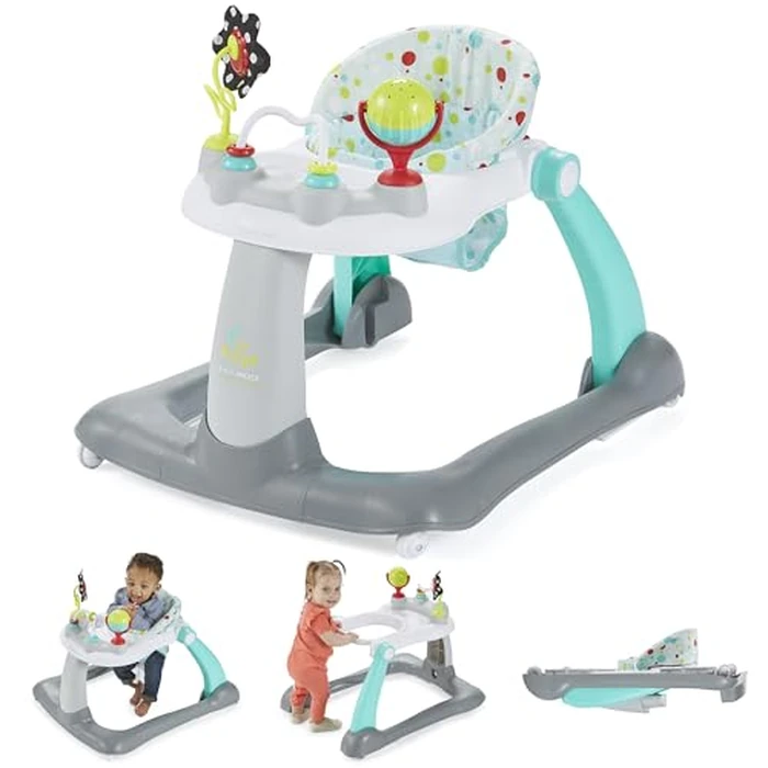 Kolcraft Tiny Steps 2 in 1 Foldable Infant and Baby Walker with Wheels, Seated or Walk Behind Activity Center, Entertaining Developmental Activities for Boys and Girls, Wide Base Sturdy Frame, Bubbles by Kolcraft - Image 1