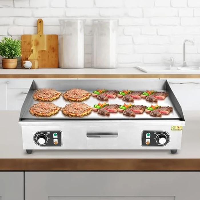 22 in Commercial Electric Griddle, 3000 w Countertop Flat Top Grill, Non-Stick Stainless Steel Teppanyaki Grill with Adjustable Temperature Control 122 degreesf-572 degreesf, Restaurant Kitchen (No Plug) by Garvee - Used - Good condition