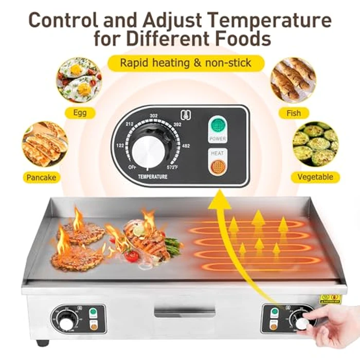 22 in Commercial Electric Griddle, 3000 w Countertop Flat Top Grill, Non-Stick Stainless Steel Teppanyaki Grill with Adjustable Temperature Control 122 degreesf-572 degreesf, Restaurant Kitchen (No Plug) by Garvee - Image 6