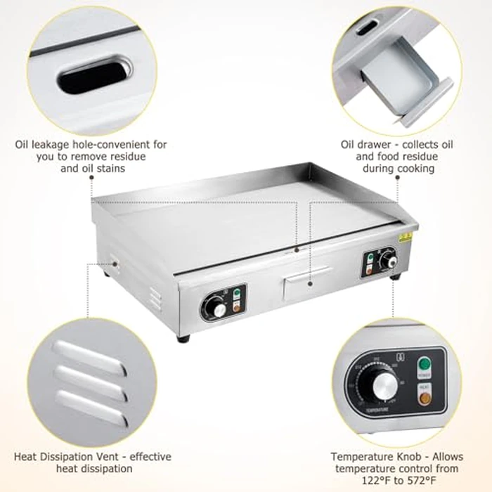 22 in Commercial Electric Griddle, 3000 w Countertop Flat Top Grill, Non-Stick Stainless Steel Teppanyaki Grill with Adjustable Temperature Control 122 degreesf-572 degreesf, Restaurant Kitchen (No Plug) by Garvee - Image 7
