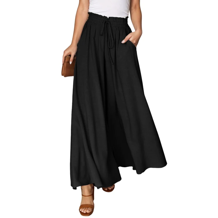 Dokotoo Womens Beach Fashion Clothing Wide Leg Pants with Tie Drawstring Casual Loose High Waisted Palazzo Linen Pants for Women Ladies Soft Lounge Trousers with Pockets Black L by Dokotoo - Used - Like New condition