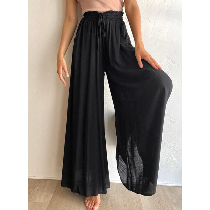 Dokotoo Womens Beach Fashion Clothing Wide Leg Pants with Tie Drawstring Casual Loose High Waisted Palazzo Linen Pants for Women Ladies Soft Lounge Trousers with Pockets Black L by Dokotoo - Image 3