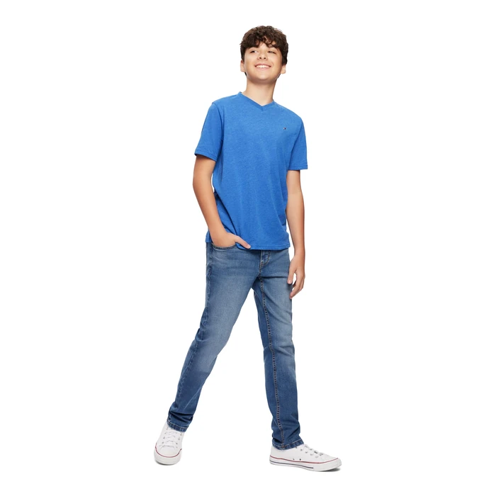 Tommy Hilfiger Boys' Short Sleeve Flag Solid V-Neck T-Shirt, Blue Jean, 8-10 by Tommy Hilfiger - Image 2