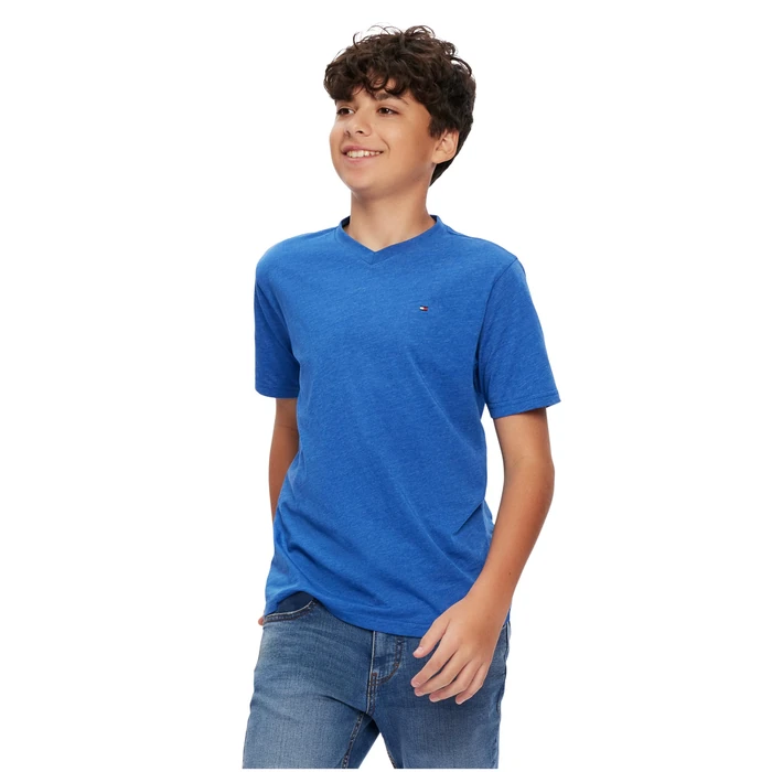 Tommy Hilfiger Boys' Short Sleeve Flag Solid V-Neck T-Shirt, Blue Jean, 8-10 by Tommy Hilfiger - Image 3