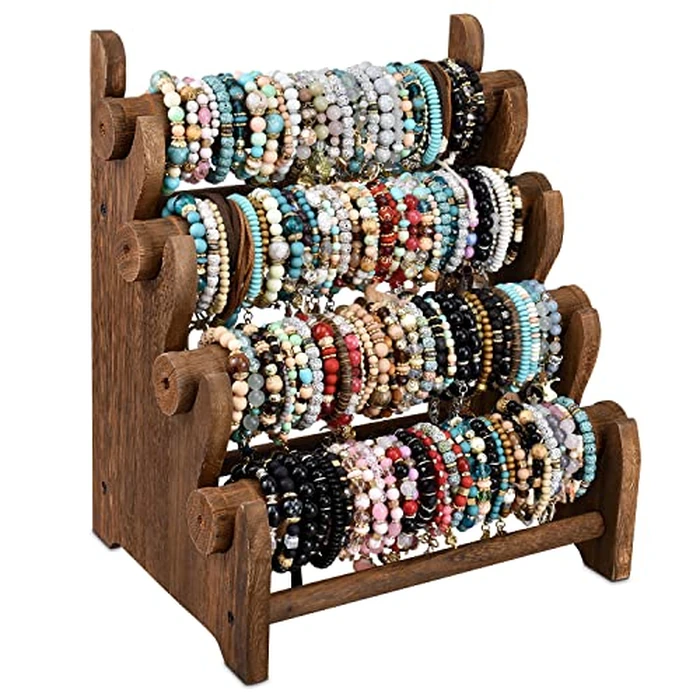 Ikee Design Antique Wooden 4 Tier Jewelry Bracelet Display Stand Bangle Scrunchie Organizer Holder for Store, Showcase and Home Storage, 12 W x 9 D x 14 H in, Brown Color by Ikee Design - Image 1