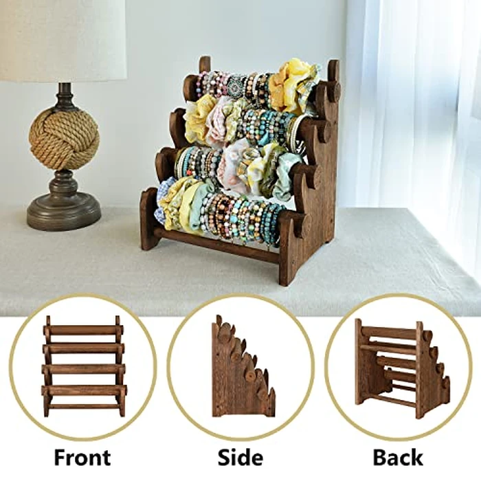 Ikee Design Antique Wooden 4 Tier Jewelry Bracelet Display Stand Bangle Scrunchie Organizer Holder for Store, Showcase and Home Storage, 12 W x 9 D x 14 H in, Brown Color by Ikee Design - Image 3