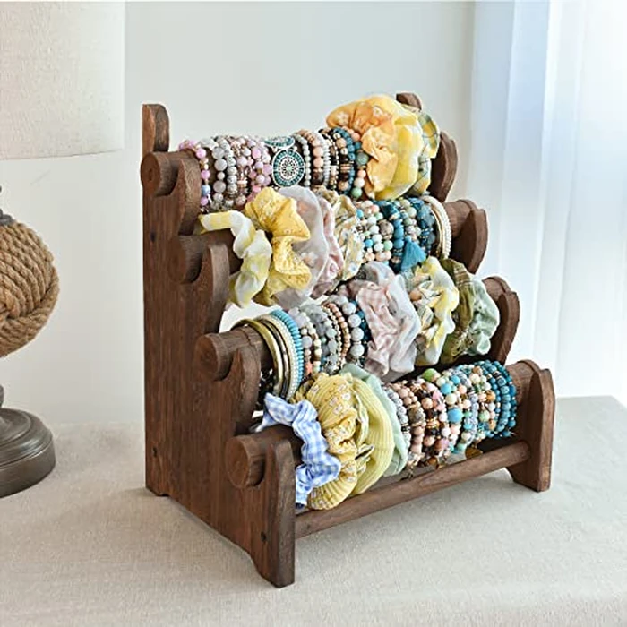 Ikee Design Antique Wooden 4 Tier Jewelry Bracelet Display Stand Bangle Scrunchie Organizer Holder for Store, Showcase and Home Storage, 12 W x 9 D x 14 H in, Brown Color by Ikee Design - Image 7