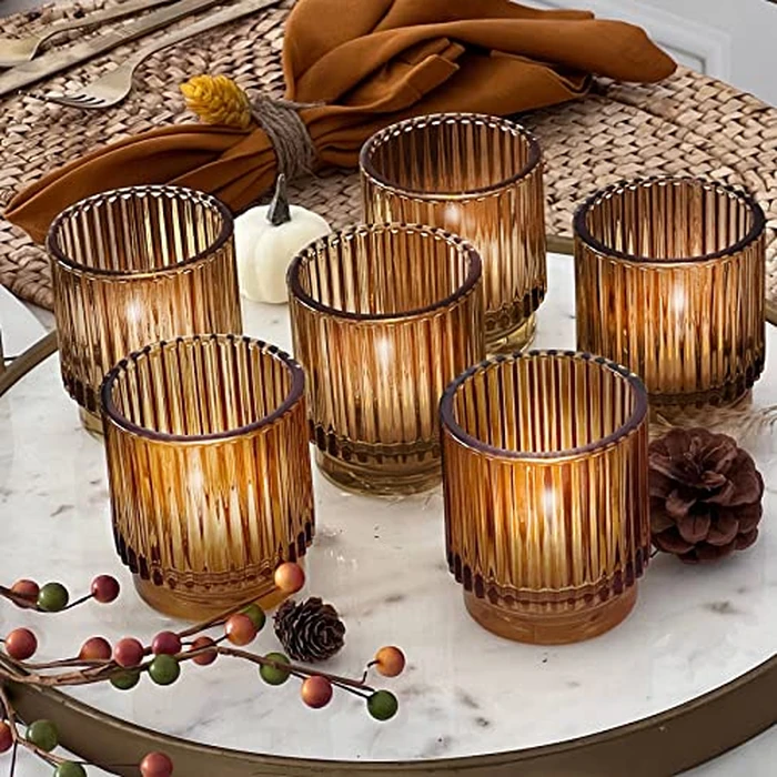 Kate Aspen Vintage Glass Tealight & Amber Votive Candle Holders (Set of 6) Rustic Fluted Candle Holder Set, Boho Home Decor, Wedding Table Centerpieces, Farmhouse Kitchen Table Decor by Kate Aspen - Image 1