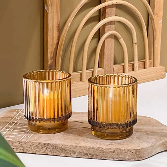 Kate Aspen Vintage Glass Tealight & Amber Votive Candle Holders (Set of 6) Rustic Fluted Candle Holder Set, Boho Home Decor, Wedding Table Centerpieces, Farmhouse Kitchen Table Decor by Kate Aspen - Image 2