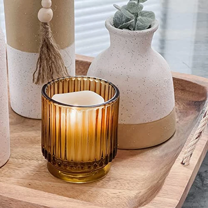 Kate Aspen Vintage Glass Tealight & Amber Votive Candle Holders (Set of 6) Rustic Fluted Candle Holder Set, Boho Home Decor, Wedding Table Centerpieces, Farmhouse Kitchen Table Decor by Kate Aspen - Image 4