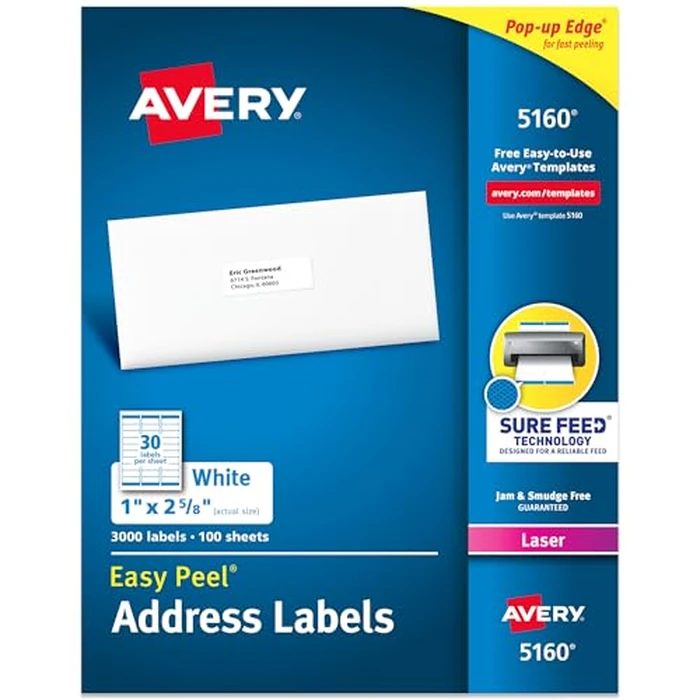 Avery Easy Peel Printable Address Labels with Sure Feed, 1" x 2-5/8" Customizable Stickers, White, 3,000 Blank Mailing Labels, Great for Mailing, Shipping, and More (5160) by Avery - Used - Very Good condition