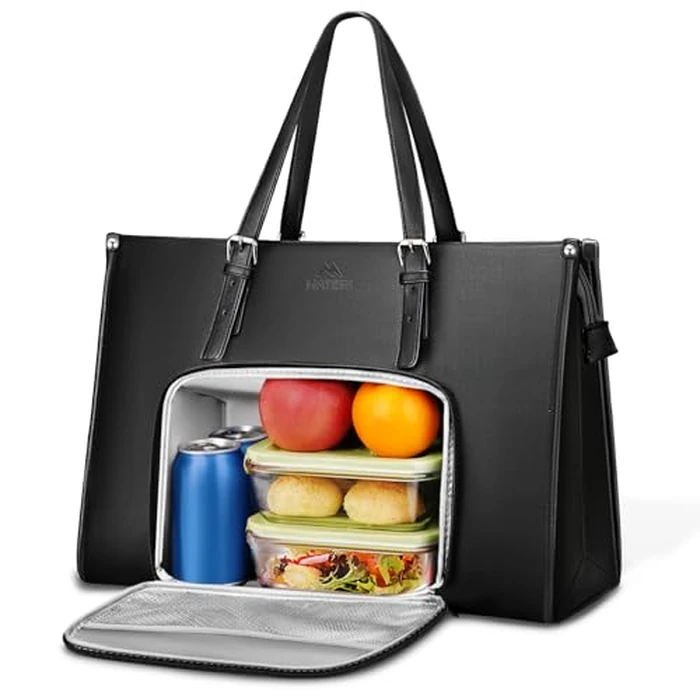 MATEIN Laptop Tote Bag with Insulated Lunch Compartment, 15.6 Inch PU Leather Briefcase with Leakproof Lunch Box Pocket for Women, Convertible Lightweight Computer Work Bag Handbag for Office, Black by MATEIN - Used - Like New condition - US$19.63