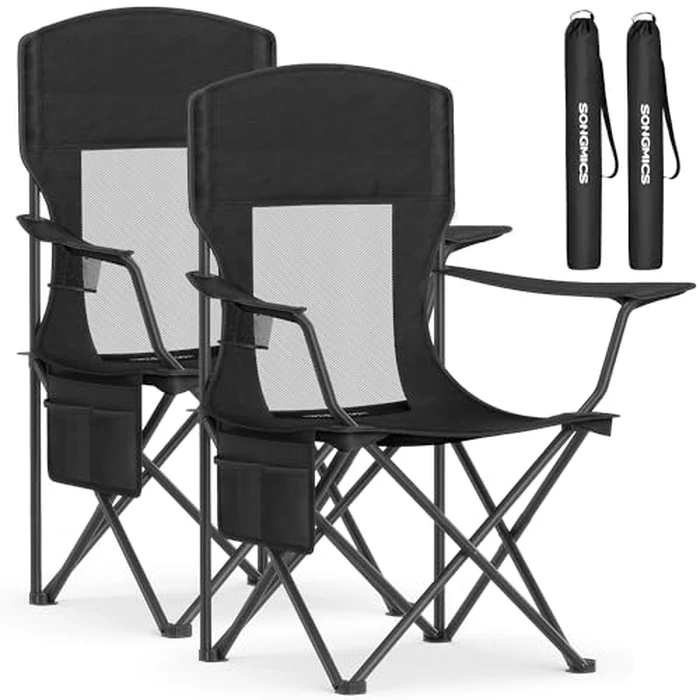SONGMICS Breathable Camping Chairs, Foldable Outdoor Chairs Set of 2, High Back, Adjustable Armrests, Drink Holder, Weight Capacity 330 lb, for Sports Garden Backyard, Ink Black UGCB028B02 by SONGMICS - Used - Like New condition - US$37.98