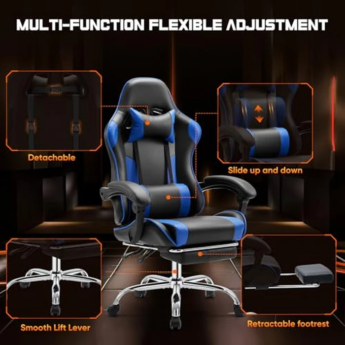 Sweetcrispy Video Game Desk Chair, High Back Ergonomic PU Leather Computer Gaming Chair with Adjustable Headrest & Footrest, Linkage Armrest and Height Adjustable, 360 degrees Swivel, for Adults, Blue by Sweetcrispy - Image 4