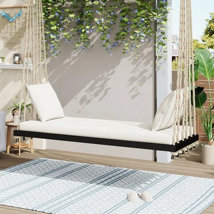 Merax Outdoor Patio Wooden Swing Chair, 2-Seat Hanging Porch Hammock Bench with Cushion & Pillows, 10.8Ft Hemp Ropes for Garden, Backyard, Lawn, Black by Merax - Used - Very Good condition