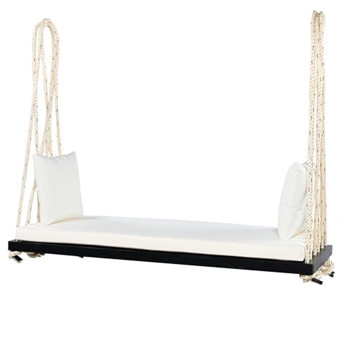 Merax Outdoor Patio Wooden Swing Chair, 2-Seat Hanging Porch Hammock Bench with Cushion & Pillows, 10.8Ft Hemp Ropes for Garden, Backyard, Lawn, Black by Merax - Image 7