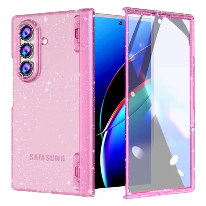 FABSPARK Case for Samsung Galaxy Z Fold 7 Built-in Screen Protector,Hinge Protection,Sparkly Bling Glitter Crystal Clear Transparent Slim Fit Acrylic Hard PC for Samsung Z Fold 7 Case,Glitter Pink by FABSPARK - Image 1
