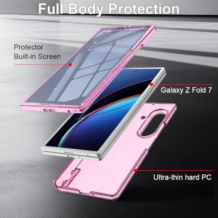 FABSPARK Case for Samsung Galaxy Z Fold 7 Built-in Screen Protector,Hinge Protection,Sparkly Bling Glitter Crystal Clear Transparent Slim Fit Acrylic Hard PC for Samsung Z Fold 7 Case,Glitter Pink by FABSPARK - Image 3