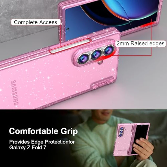 FABSPARK Case for Samsung Galaxy Z Fold 7 Built-in Screen Protector,Hinge Protection,Sparkly Bling Glitter Crystal Clear Transparent Slim Fit Acrylic Hard PC for Samsung Z Fold 7 Case,Glitter Pink by FABSPARK - Image 4