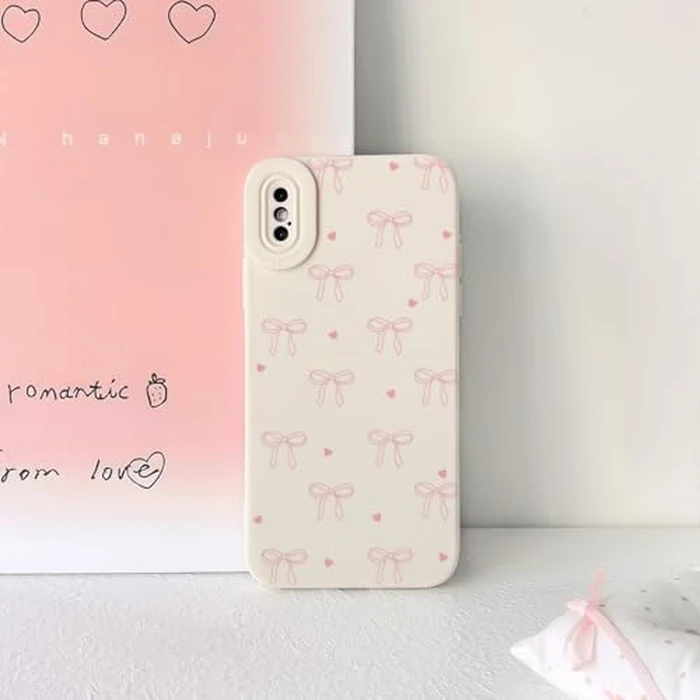 NITITOP Compatible with iPhone X/XS Case Cute Aesthetic Bow Ribbon Love Heart Pattern Design for Women Girls Soft TPU Bowknot White Back Shockproof Protective Cover - Pink by NITITOP - Image 4