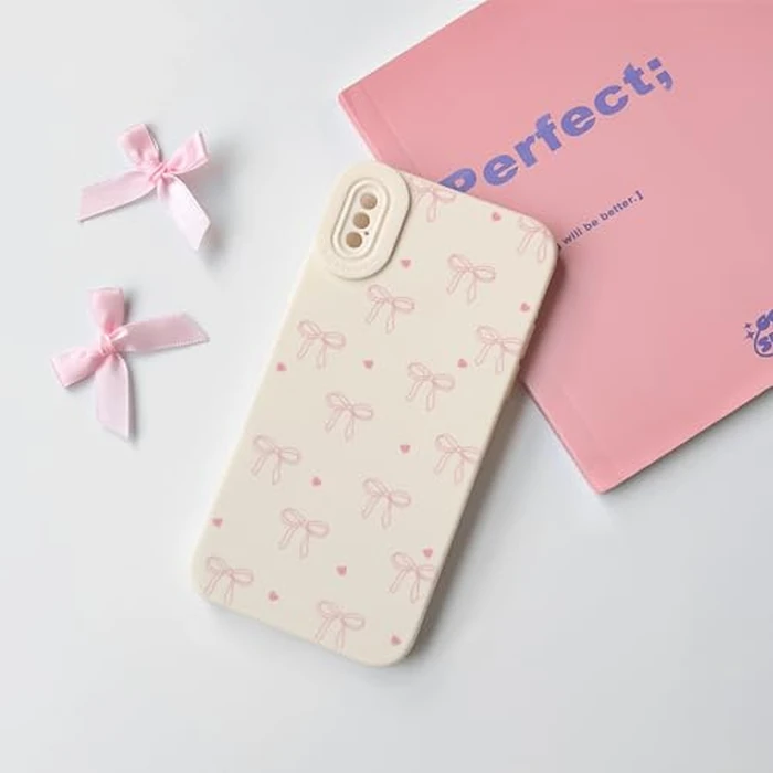 NITITOP Compatible with iPhone X/XS Case Cute Aesthetic Bow Ribbon Love Heart Pattern Design for Women Girls Soft TPU Bowknot White Back Shockproof Protective Cover - Pink by NITITOP - Image 5