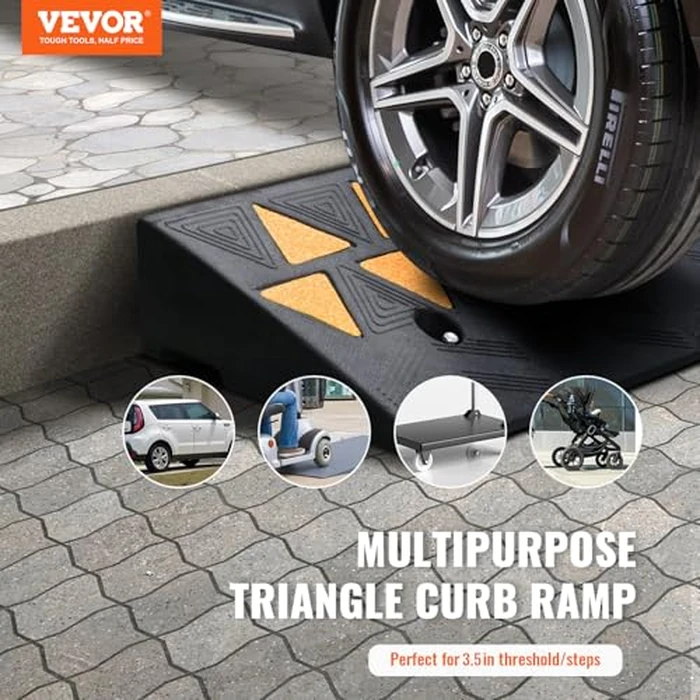 VEVOR Rubber Curb Ramp 3.5" Rise Height Sidewalk Curb Ramp, 10" Width 39.4" Length Driveway Ramp for Curb, 15T Heavy Duty Rubber Ramp for Forklifts, Trucks, Buses, Cars, Wheelchairs, Bikes by VEVOR - Image 2