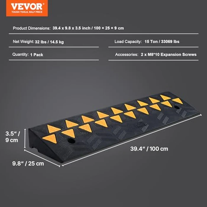 VEVOR Rubber Curb Ramp 3.5" Rise Height Sidewalk Curb Ramp, 10" Width 39.4" Length Driveway Ramp for Curb, 15T Heavy Duty Rubber Ramp for Forklifts, Trucks, Buses, Cars, Wheelchairs, Bikes by VEVOR - Image 7