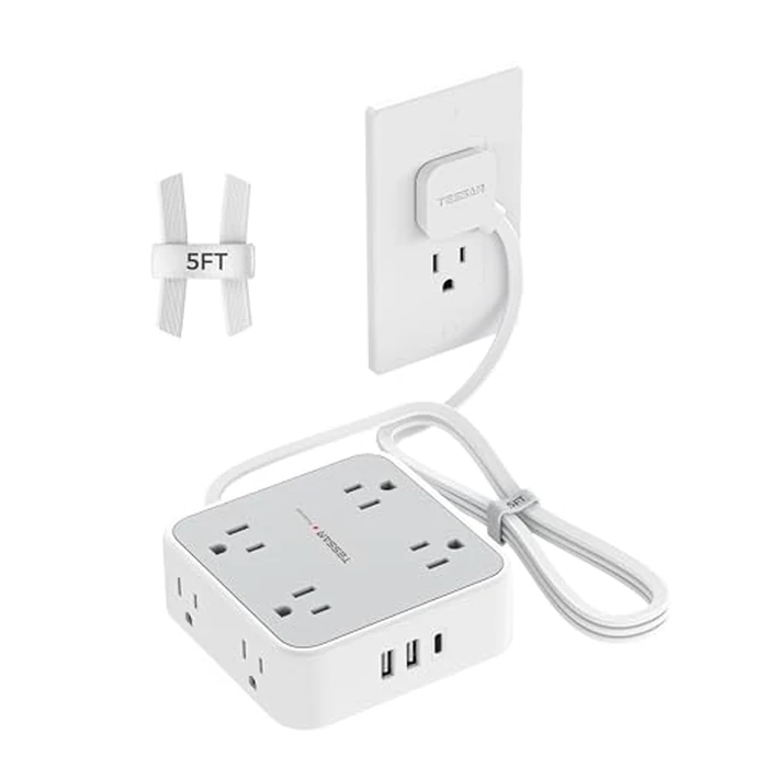 Flat Plug Power Bar, TESSAN 5 Ft Extension Cord Indoor with 8 Multi Outlets and 3 USB (1 USB C), Surge Protector Power Strip, Wall Mount Charging Station for Home Office Dorm, Gray by TESSAN - Image 1