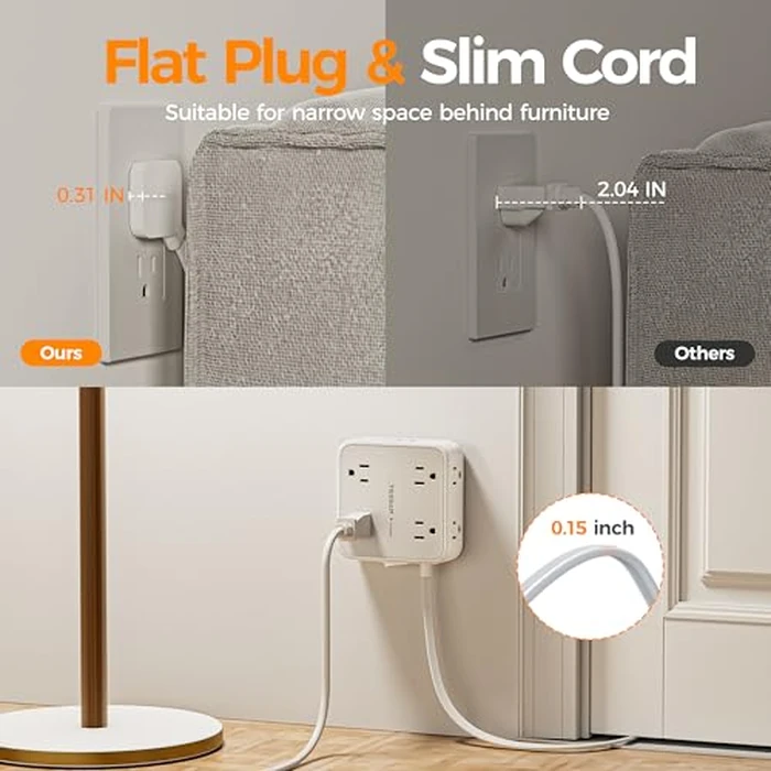Flat Plug Power Bar, TESSAN 5 Ft Extension Cord Indoor with 8 Multi Outlets and 3 USB (1 USB C), Surge Protector Power Strip, Wall Mount Charging Station for Home Office Dorm, Gray by TESSAN - Image 3