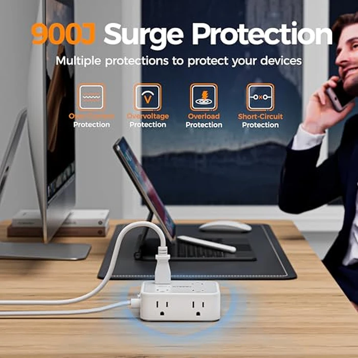 Flat Plug Power Bar, TESSAN 5 Ft Extension Cord Indoor with 8 Multi Outlets and 3 USB (1 USB C), Surge Protector Power Strip, Wall Mount Charging Station for Home Office Dorm, Gray by TESSAN - Image 5