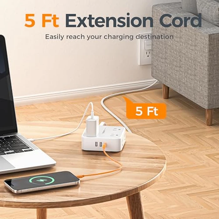 Flat Plug Power Bar, TESSAN 5 Ft Extension Cord Indoor with 8 Multi Outlets and 3 USB (1 USB C), Surge Protector Power Strip, Wall Mount Charging Station for Home Office Dorm, Gray by TESSAN - Image 6