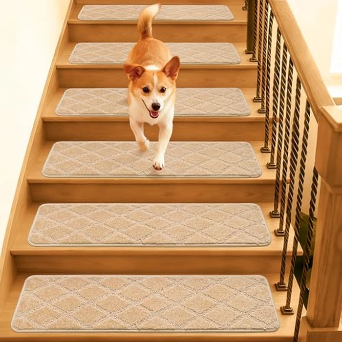 BONACA 9"x32" Stair Treads Non Slip Indoor, 7 Pcs Carpet Stair Treads for Wooden Steps, Washable Reusable Peel and Stick Adhesive Stair Runner Rug for Kids Elders Pets - Diamond Pattern Beige by BONACA - Used - Very Good condition - CA$60.79