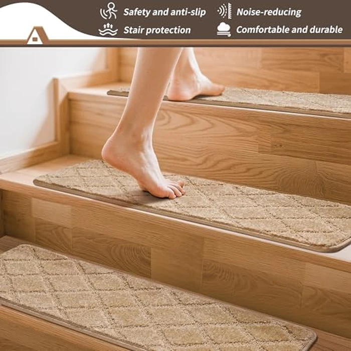 BONACA 9"x32" Stair Treads Non Slip Indoor, 7 Pcs Carpet Stair Treads for Wooden Steps, Washable Reusable Peel and Stick Adhesive Stair Runner Rug for Kids Elders Pets - Diamond Pattern Beige by BONACA - Image 2