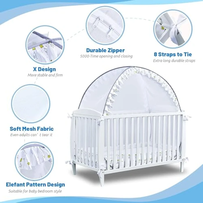 South to East Crib Tent - Baby Safety Crib Cover to Keep Baby from Climbing Out, Soft Mesh Mosquito Net for Crib, Premium Pop Up Net to Keep Baby in, Elefant and Star Pattern by South to East - Image 2