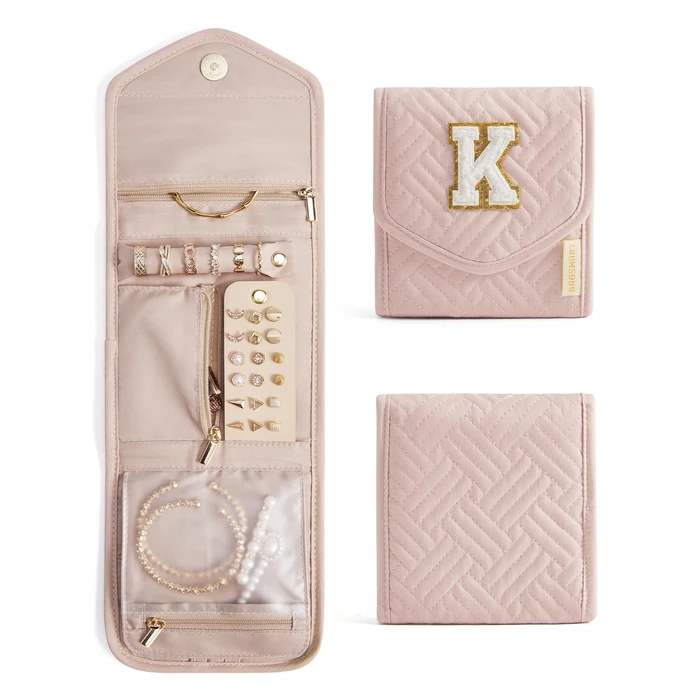 BAGSMART Travel Jewelry Organizer Case K Initial Foldable Jewelry Roll for Journey Rings, Necklaces, Earrings, Bracelets,Mini,Letter K,Soft Pink by BAGSMART - Used - Like New condition