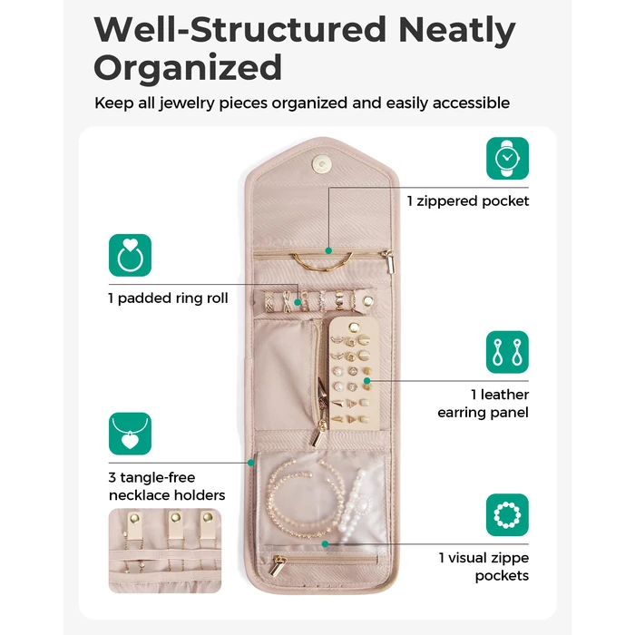 BAGSMART Travel Jewelry Organizer Case K Initial Foldable Jewelry Roll for Journey Rings, Necklaces, Earrings, Bracelets,Mini,Letter K,Soft Pink by BAGSMART - Image 3