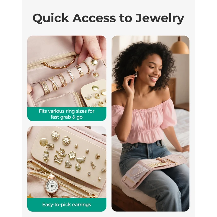 BAGSMART Travel Jewelry Organizer Case K Initial Foldable Jewelry Roll for Journey Rings, Necklaces, Earrings, Bracelets,Mini,Letter K,Soft Pink by BAGSMART - Image 4