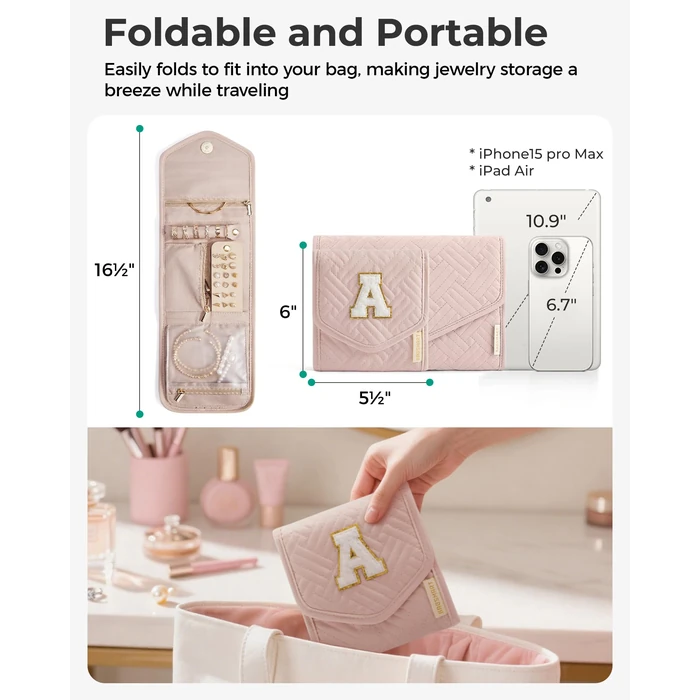 BAGSMART Travel Jewelry Organizer Case K Initial Foldable Jewelry Roll for Journey Rings, Necklaces, Earrings, Bracelets,Mini,Letter K,Soft Pink by BAGSMART - Image 6