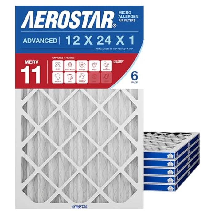 Aerostar 12x24x1 MERV 11 Air Filter, 6 Count, ACTUAL SIZE (11.75 x 23.75 x 0.75 ), HVAC, Air Conditioning & Furnace Filter for Dust, Pet Dander, Smoke & Allergies (MPR 1200 / FPR 7), Made in USA by Aerostar - Used - Very Good condition