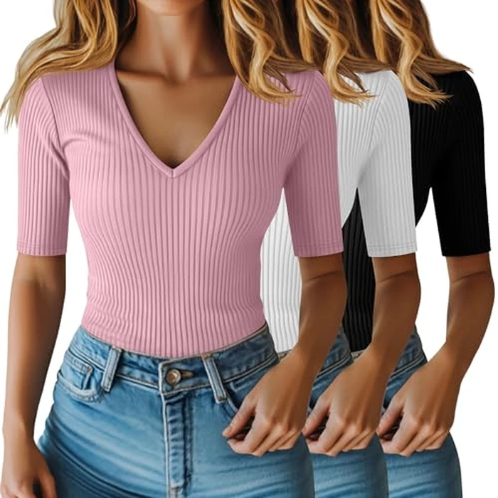 Riyiper 3 Pack Women's Half Sleeve Top Elbow Length Ribbed Cotton T Shirt Women V Neck Summer Tee Slim Fit Casual Blouses(Black, White, Pink,Large) by Riyiper - Used - Like New condition